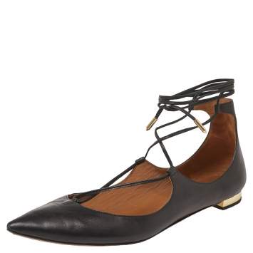 Pre Owned Aquazzura Black Leather Christy Pointed Toe Ankle Wrap Flats Size 39