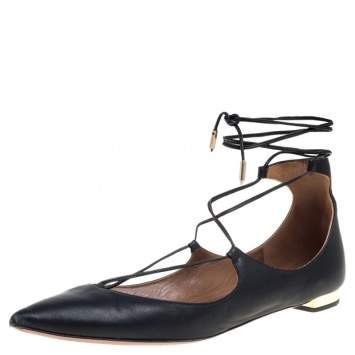 مملوكة مسبقًا Aquazzura Black Leather Christy Flat Sandals Size 38.5