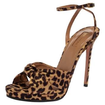 Pre Owned Aquazzura Beige Leopard Print Fabric Chance115 Faille Platform Sandals Size 39