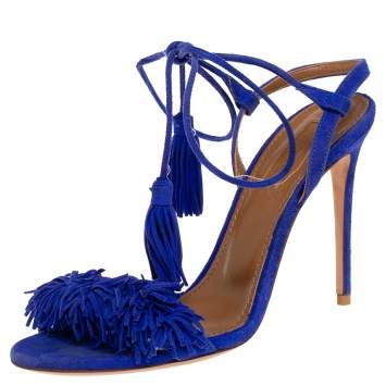 Pre Owned Aquazzura Blue Suede Wild Thing Ankle Wrap Sandals Size 36