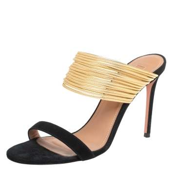 Pre Owned Aquazzura Black/Gold Suede And Leather Rendez Vous 105 Slide Sandals Size 38