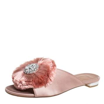 مملوكة مسبقًا Aquazzura Pink Satin And Fur Crystal Lotus Slide Sandals Size 38