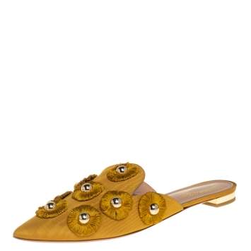 Pre Owned Aquazzura Mustard Fabric Sunflower Pointed Toe Flat Mules Size 37.5