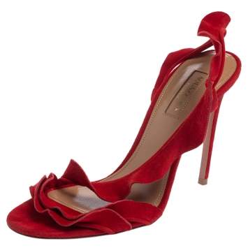 Pre Owned Aquazzura Red Suede Ruffle Sandals Size 37