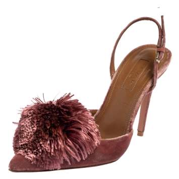 Pre Owned Aquazzura Pink Velvet Powder Puff Pointed Toe Slingback Sandals Size 37