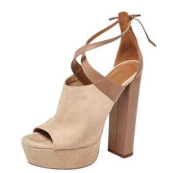 Pre Owned Aquazzura Beige/Brown Suede And Leather Kaya Platform Sandals Size 38