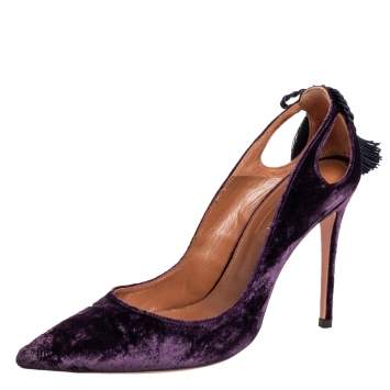 Pre Owned Aquazzura Purple Velvet Forever Marilyn Pointed Toe Pumps Size 37.5