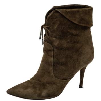 Pre Owned Aquazzura Brown Olive Green Suede Tribeca Ankle Boots Size 39