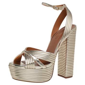 Pre Owned Aquazzura Gold Leather Platform Sundance Ankle Buckle Sandals Size 35.5