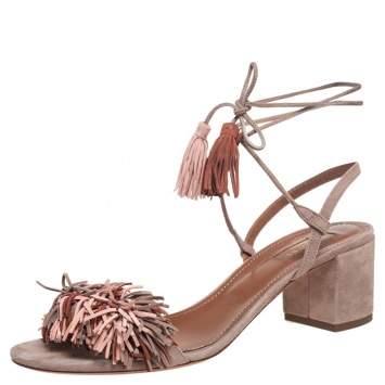 Pre Owned Aquazzura Beige Suede Wild Thing Fringe Ankle Wrap Sandals Size 39.5