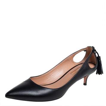 Pre Owned Aquazzura Black Leather Forever Marilyn Fringe Bow Kitten Heel Pumps Size 37.5