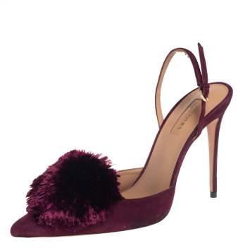 Pre Owned Aquazzura Burgundy Suede Powder Puff Pointed Toe Slingback Sandals Size 40