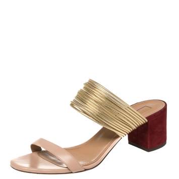 Pre Owned Aquazzura Tricolor Leather and Suede Rendez Vous Block Heel Slide Sandals Size 39
