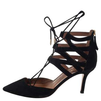 Pre Owned Aquazzura Black  Black Suede Belgravia Lace Up Pointed Toe Pumps Size 37.5
