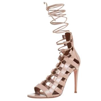 Pre Owned Aquazzura Beige Leather Amazon Lace Up Open Toe Sandals Size 37.5