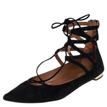 Pre Owned Aquazzura Black Suede Lace Up Flats Size 38