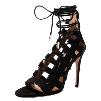Pre Owned Aquazzura Black Suede Amazon Lace Up Open Toe Sandals Size 36.5