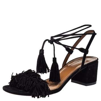 Pre Owned Aquazzura Black Suede Wild Thing Fringe Ankle Wrap Sandals Size 36