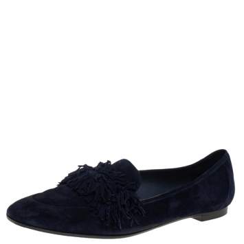 Pre Owned Aquazzura Dark Blue Suede Wild Thing Fringe Ballet Flats Size 38.5