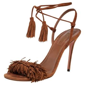 Pre Owned Aquazzura Brown Fringed Suede Wild Thing Ankle Wrap Sandals Size 38