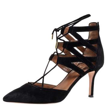 Pre Owned Aquazzura Black Suede Belgravia Lace Up Pointed Toe Pumps Size 37