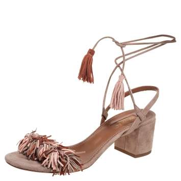Pre Owned Aquazzura Multicolor Suede Wild Thing Fringe Ankle Wrap Sandals Size 37
