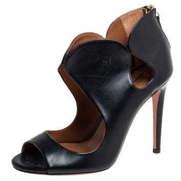 Pre Owned Aquazzura Black Leather Zipper Detail Sandals Size 35
