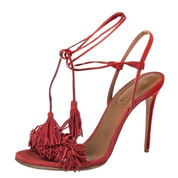 Pre Owned Aquazzura Red Suede Wild Thing Fringe Ankle Wrap Sandals Size 39