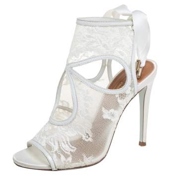 Pre Owned Aquazzura White Lace and Leather Sexy Thing Bridal Cut Out  Ankle Wrap Sandals Size 35