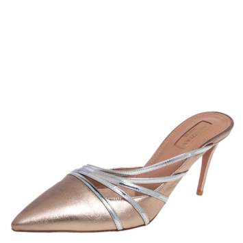Pre Owned Aquazzura Silver/Gold Leather Minou Mule Sandals Size 38