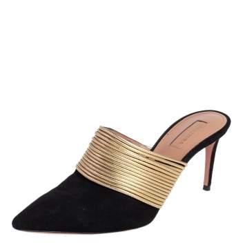 Pre Owned Aquazzura Gold/Black Suede and Leather Rendez Vous Mules Size 38