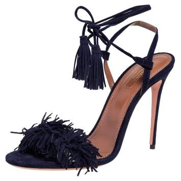Pre Owned Aquazzura Navy Blue Suede Wild Thing Ankle Wrap Sandals Size 40