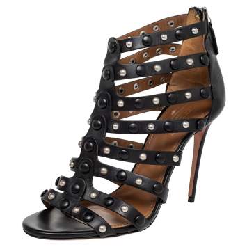 Pre Owned Aquazzura Black Leather Gladiator Sandals Size 38.5