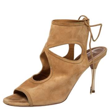Pre Owned Aquazzura Tan Suede Sexy Thing Cut Out Ankle Tie Up Sandals Size 42