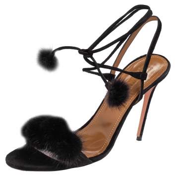 Pre Owned Aquazzura Black Fur And Suede Wild Russian Open Toe Ankle Wrap Sandals Size 39