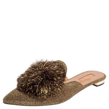 Pre Owned Aquazzura Gold Lurex Fabric Powder Puff Pom Pom Flat Slides Size 38