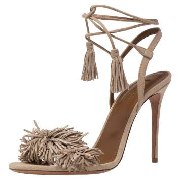 Pre Owned Aquazzura Beige Suede Leather Wild Thing Fringe Ankle Wrap Sandals Size 39.5