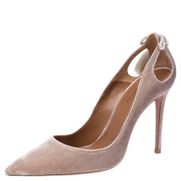 Pre Owned Aquazzura Beige Velvet Forever Marilyn Tassel Pointed Toe Pumps Size 39
