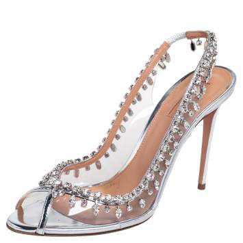 Pre Owned Aquazzura Silver PVC And Leather Temptation Crystal Sandals Size 39