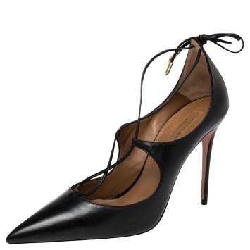 Pre Owned Aquazzura Black Leather Christy Ankle Wrap Pumps Size 40