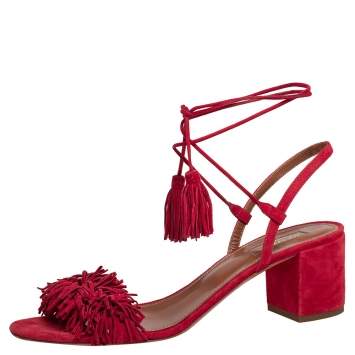 Pre Owned Aquazzura Red Suede Wild Thing Fringe Ankle Wrap Sandals Size 40