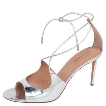 Pre Owned Aquazzura Silver Leather Sofia Open Toe Ankle Tie Sandals Size 40.5