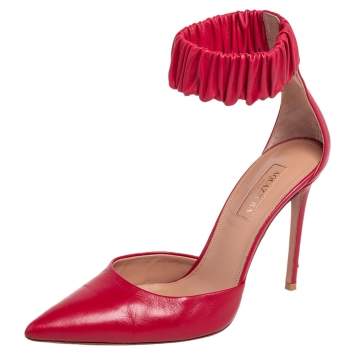 Pre Owned Aquazzura Red Leather Ankle Cuff Pointed Toe Sandals Size 37