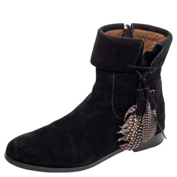 Pre Owned Aquazzura Black Suede Feather Coachella Ankle Length Boots Size 40.5