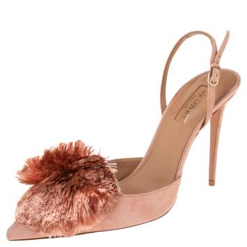 Pre Owned Aquazzura Beige Suede Powder Puff  Pointed Toe Slingback Sandals Size 39.5