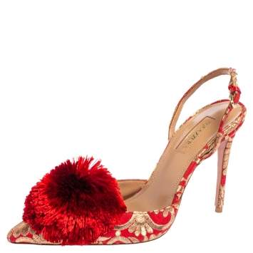 Pre Owned Aquazzura Red Brocade Fabric Powder Puff Slingback Sandals Size 38