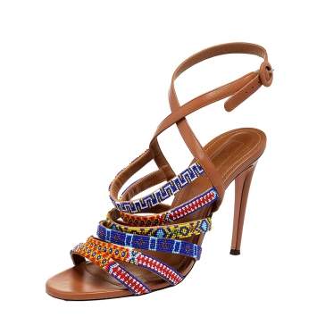 Pre Owned Aquazzura Multicolor Leather And Masai Beaded Strappy Sandals Size 40