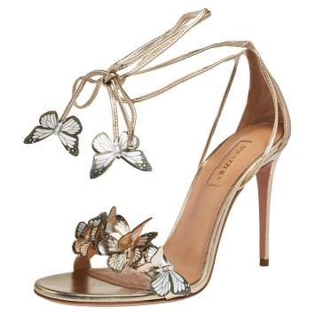 Pre Owned Aquazzura Metallic Tri Color Leather Papillon Ankle Wrap Open Toe Sandals Size 37.5