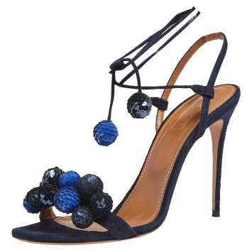 Pre Owned Aquazzura Blue Suede and Sequins Disco Thing Ankle Wrap Sandals Size 40