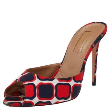 Pre Owned Aquazzura Menorca Red Printed Canvas Slide Sandals Size 36
